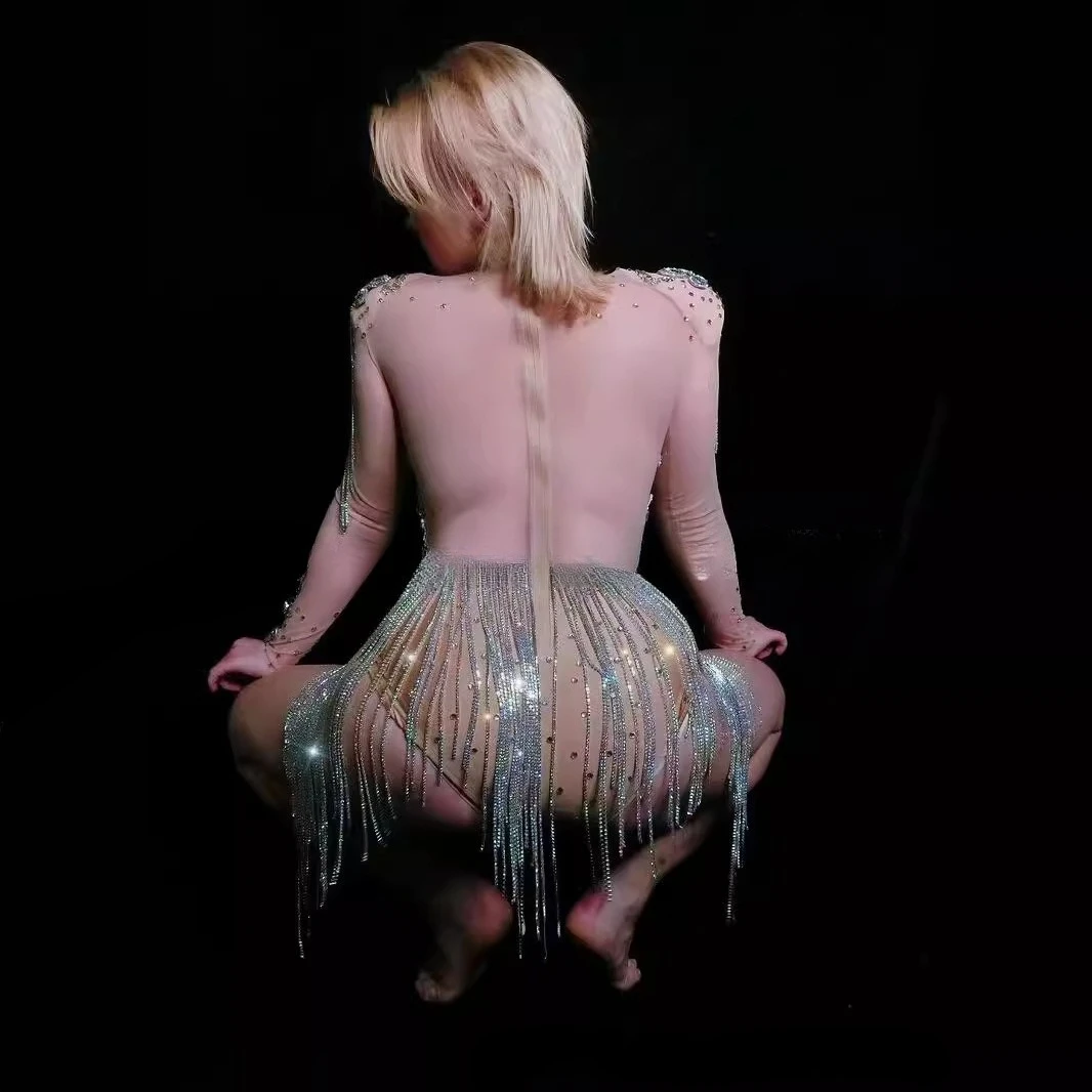 Costume discoteca bar femminile pieno di diamanti con frange cantante congiunta danza regina di vetro corpo trasparente frange abiti di compleanno
