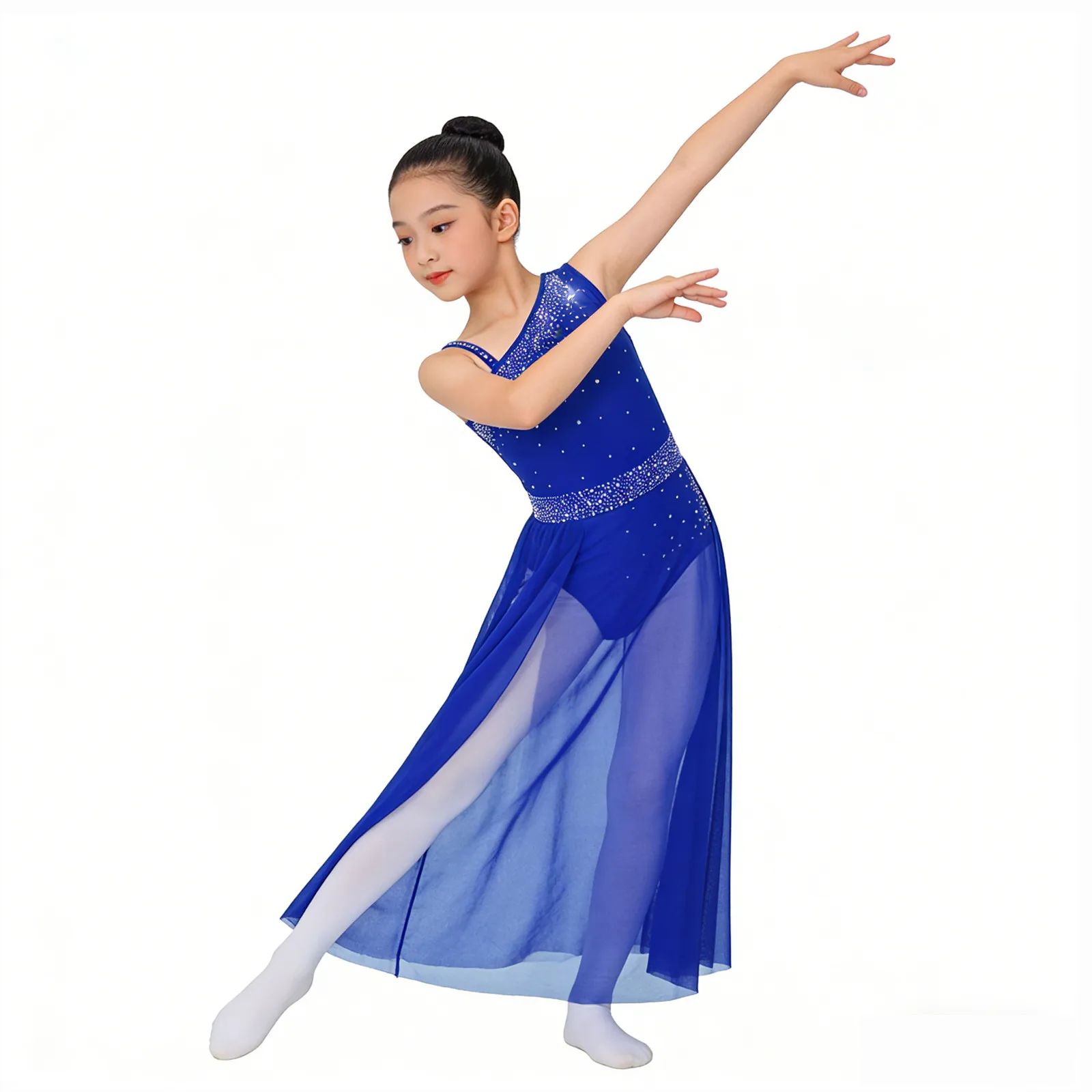 Kids Girls Glittery Rhinestones Ballet Jersey Sheer Mesh Skirted Leotard Dress Lyrical Contemporary Dance Performance Costume