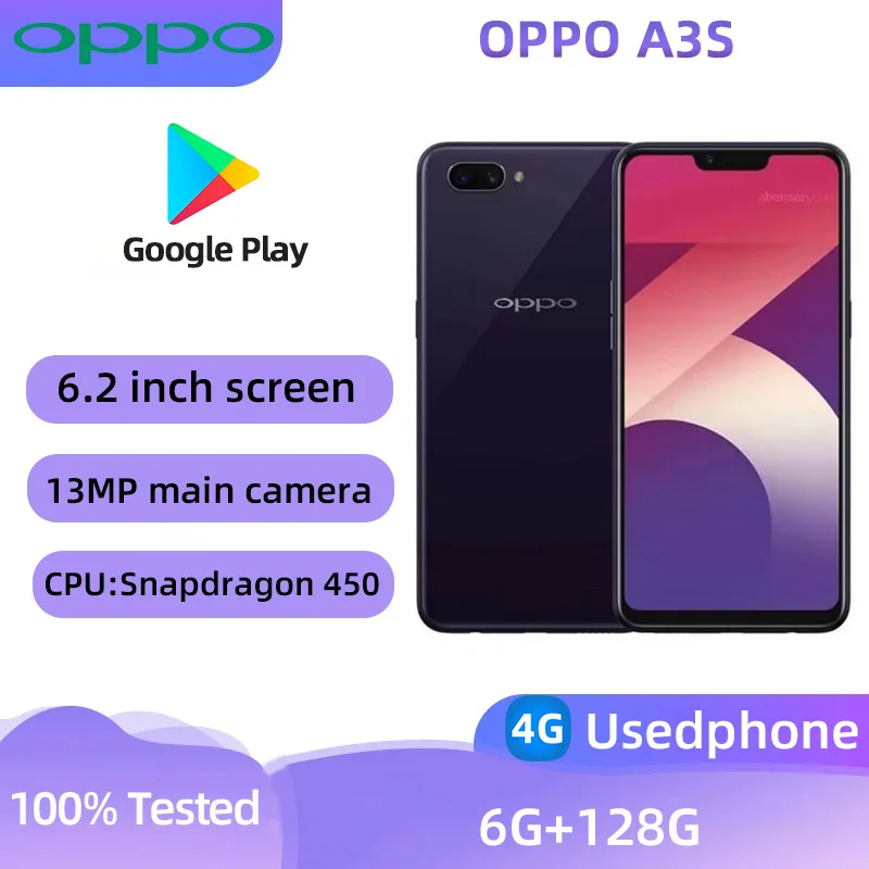 OPPO A3s 4G SmartPhone CPU  Qualcomm Snapdragon 450  6.2inch  4230mAh  13MP Cameras Android Used Phone