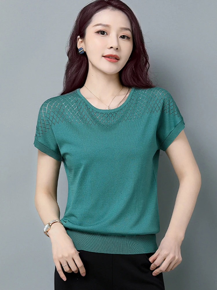 2024 Summer Ladies Knitted Top Short Sleeve Tshirt Hollow Out T Shirt Women Loose Elegant Tee Shirt Femme Casual Clothes T-shirt