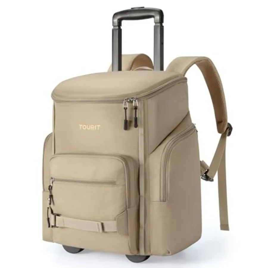 

Insulated Rolling Cooler Backpack for outdoor camping, picnic, beach, and travel; waterproof nylon material; gray color; leakpr