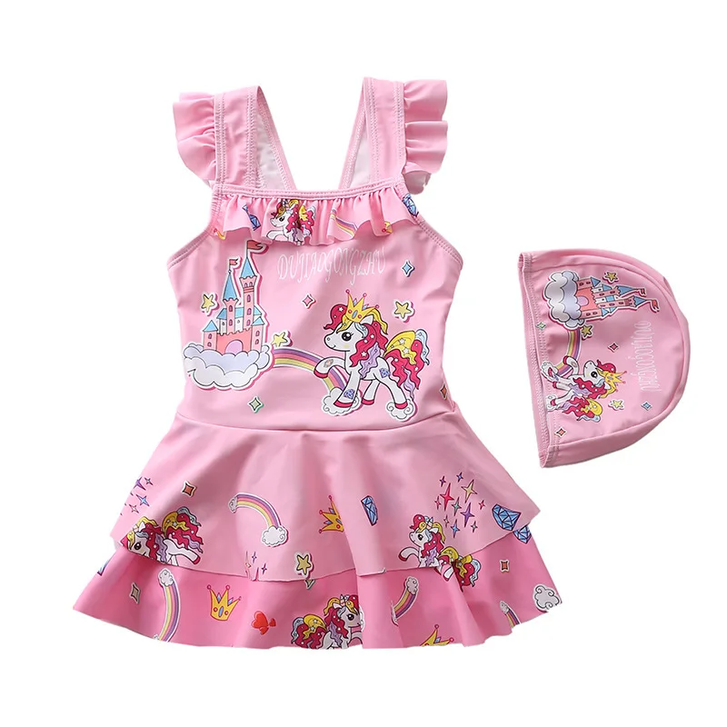 HappyFlute New One-piece Children Flat Angle Double Skirt With Swimming Cap  Girl Swimsuit