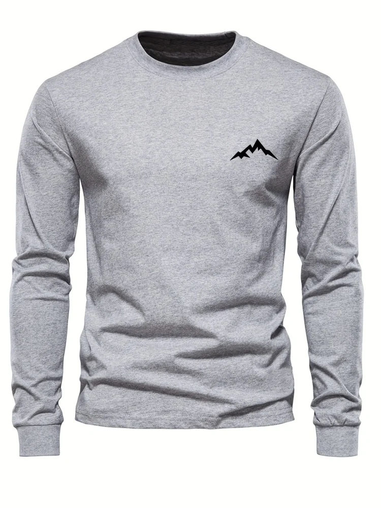 Autumn Men's Long Sleeve T-Shirt Pattern Printed T-Shirt Gray Comfortable Top Solid Color Versatile Men's Clothing Men's T-Shirt