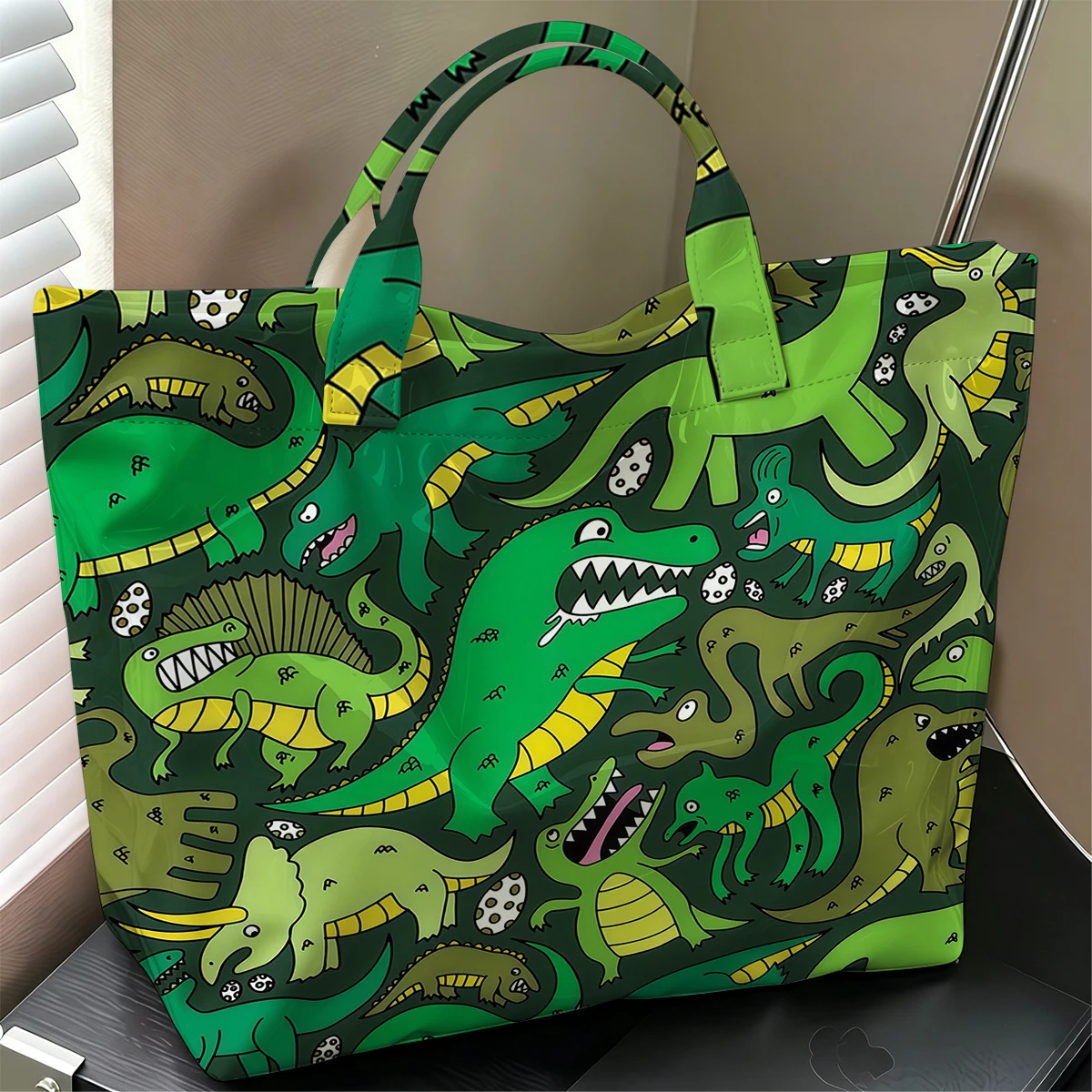 Dino Pattern Stylish Large Glossy PVC Tote Bag Washable Waterproof Durable Ideal for Travel Commute Cosmetics Books Handbags
