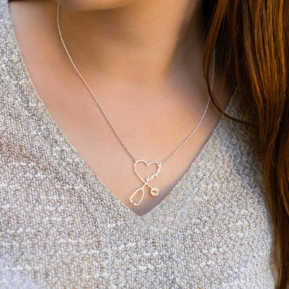 

Ожерелье со стетоскопом на заказ, ювелирные изделия из нержавеющей стали, индивидуальное имя, ожерелья в форме сердца, индивидуальный подарок для медсестры, доктора, друга