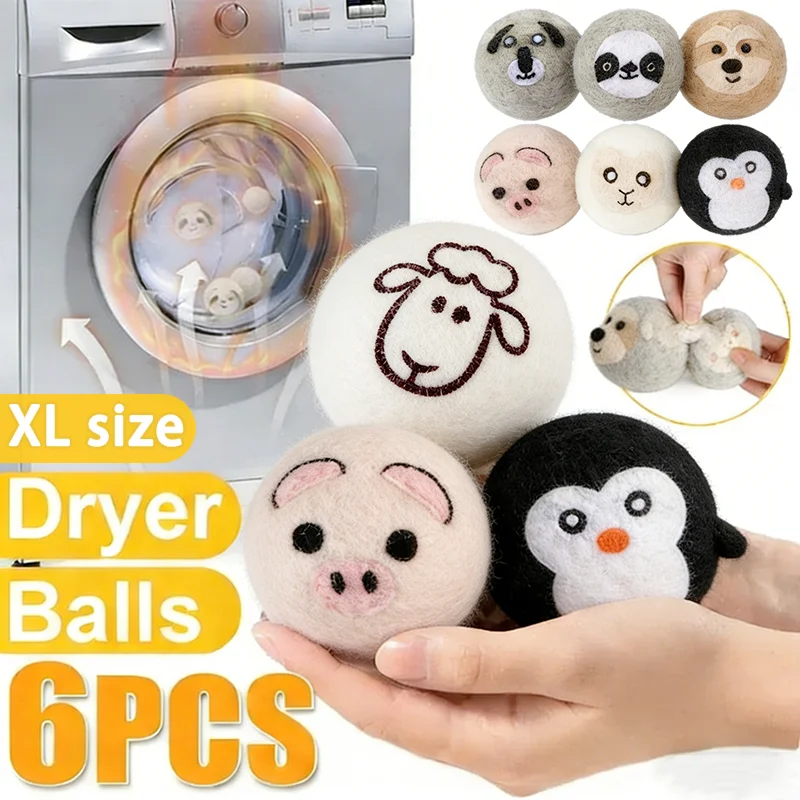 6Pcs XL size Reusable Wool Dryer Balls Clothes Softener Laundry Fleece Dryer Ball Kit Home Clothes Dryer Washing Machine