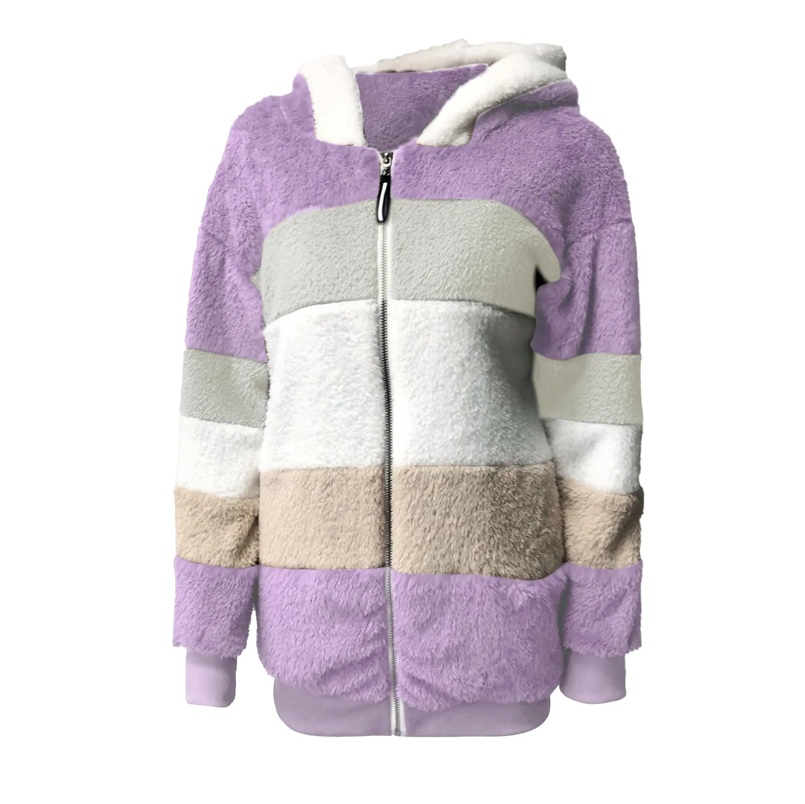 Winter Stripe Jacket Coats for Women Oversize Warm Thicken Faux Fur Hooded Coat Female Pocket Zipper Soft Fleece Outwear Jackets