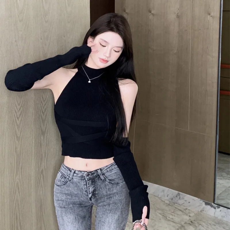 Sexy Sleeveless Knitted Pullovers Women Autumn New Solid Slim Fit Off Shoulder Crop Top Spicy Girls Y2k Sweater Vest