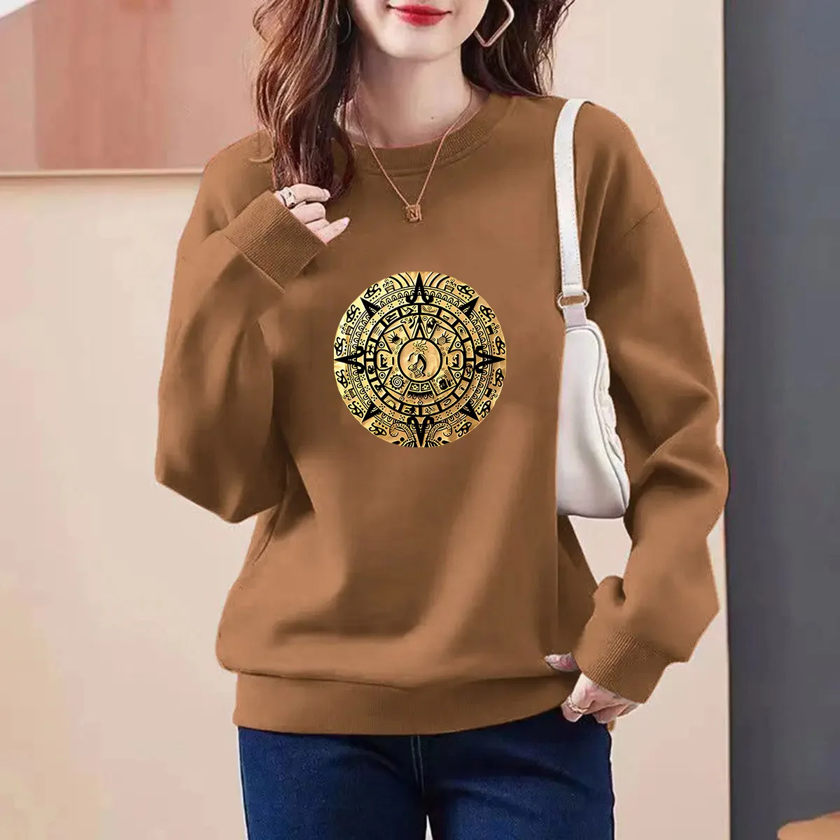 Women Clothing Chic Pinted Sweatshirts Autumn New Loose All Cotton O-neck Pullover Hoodies Casual Comfortable Y2k Tops