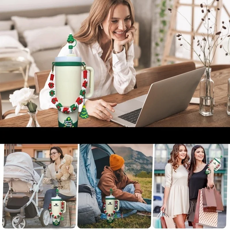 5pcs/set Christmas Tree Cup Holder for Stanley 40oz Tumbler Silicone Straw Topper Cup Boot Protector Ornament Pendant Decorative - view 2