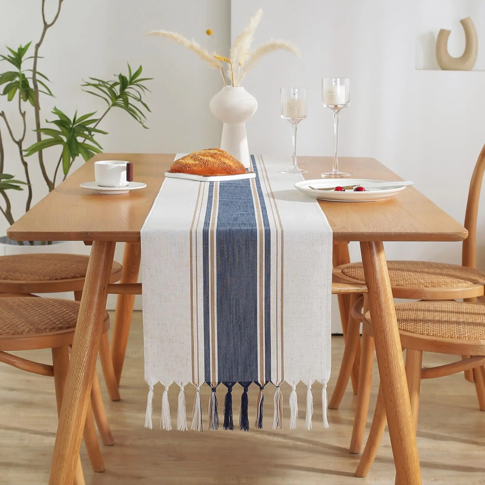 

Table Runner,Farmhouse Style Linen Table Runner with Tassels, Rustic Table Runners for Table Decorations,Wedding Holiday Party