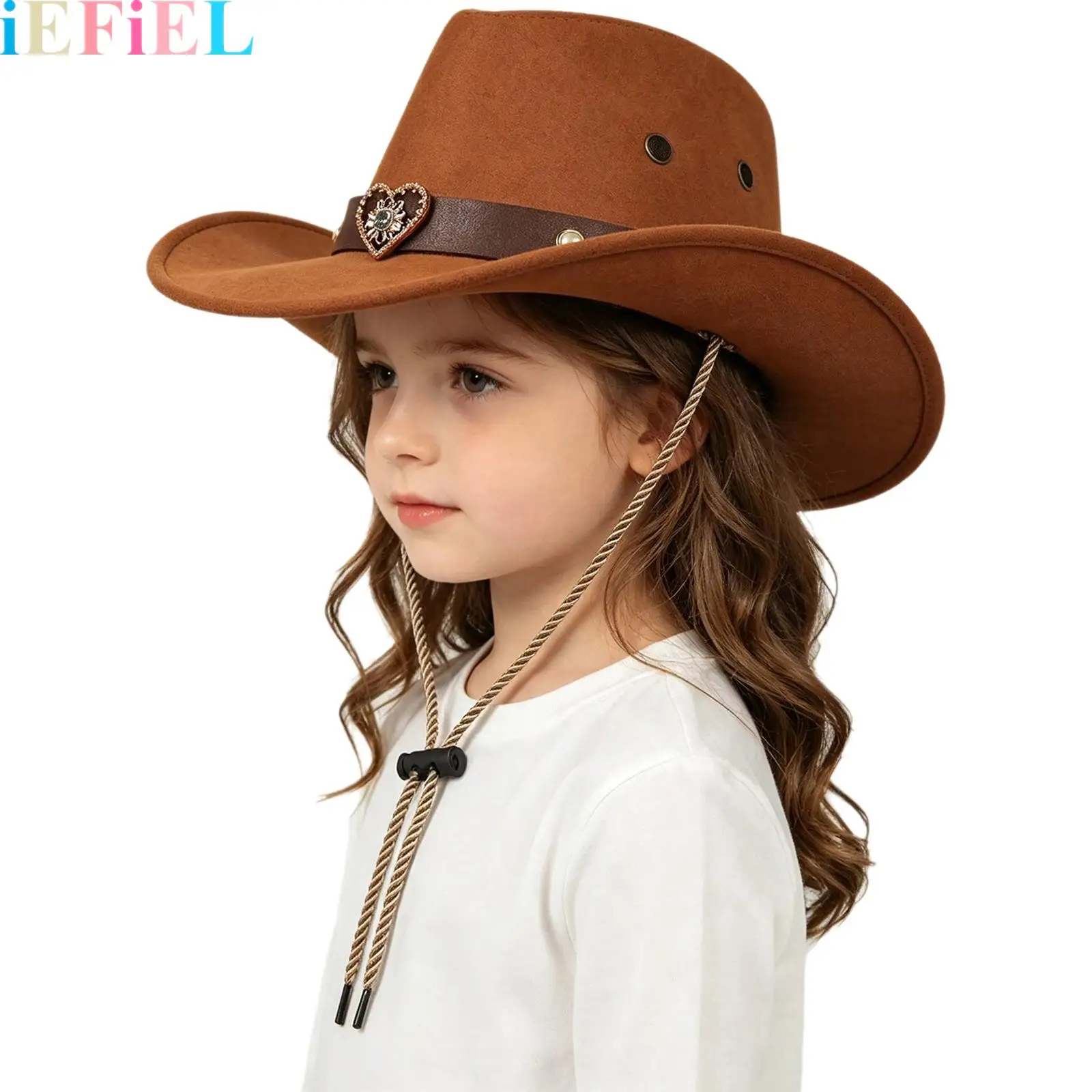 Unisex Kids Boys Girls Western Cowboy Hat Wide Brim Retro Band Decoration Hat Headwear with Adjustable String