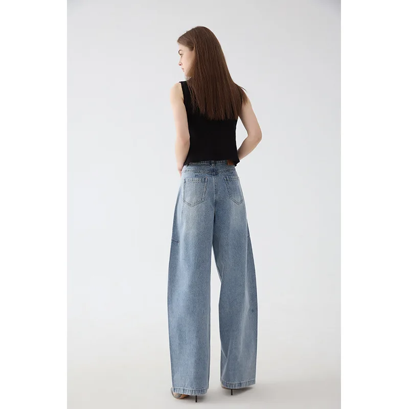 High waisted comfortable natural cotton washed blue wide leg full length A-version denim pants for women