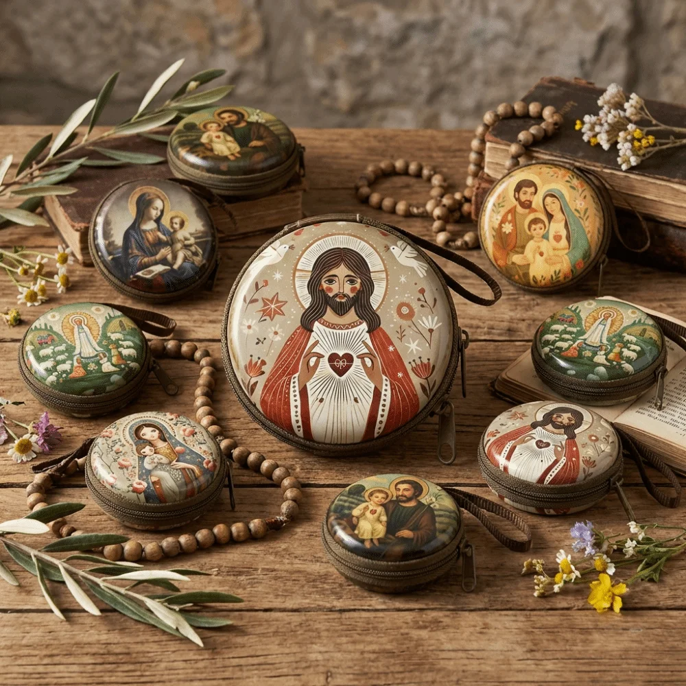 Virgin Mary Prayer Rosary Storage Bag Iron Artwork Zippered Religious Jewelry Box Cartoon Elegant Prayer Kit Religious Articles