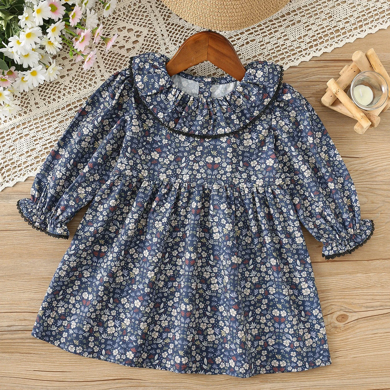 

2025 Autumn New Girl Clothes Floral Print Ruffle Collar Long Sleeve Princess Dress for 2-6Y Girls