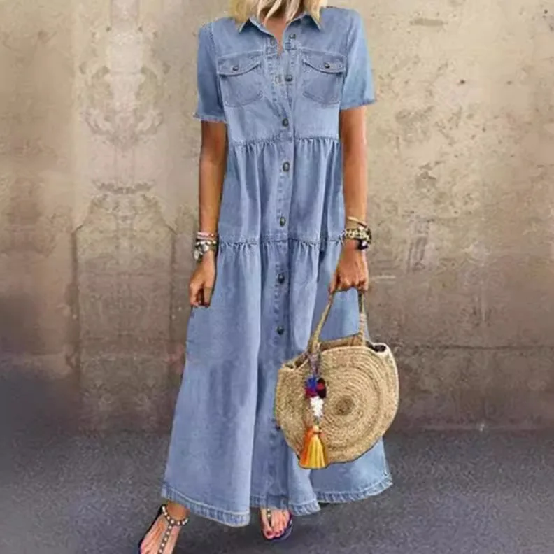 Tessuto di cotone a vita larga vintage da cowboy lungo da donna Dr multi-bottone in denim stagione primaverile