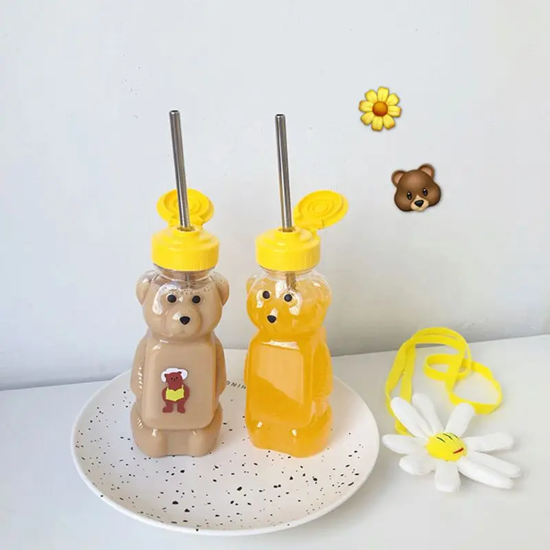 Lovely Cartoon Bear Straw Cup Water Bottle with Lid Leakproof Children Festival Gift 250ml Home Travel Couples  plastic drinking