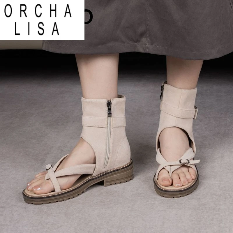 

ORCHA LISA Roman Style Female Sandals Clip Toe Flats Flock Suede Zipper Belt Buckle Large Size 41 42 43 Leisure Daily Soft Shoes