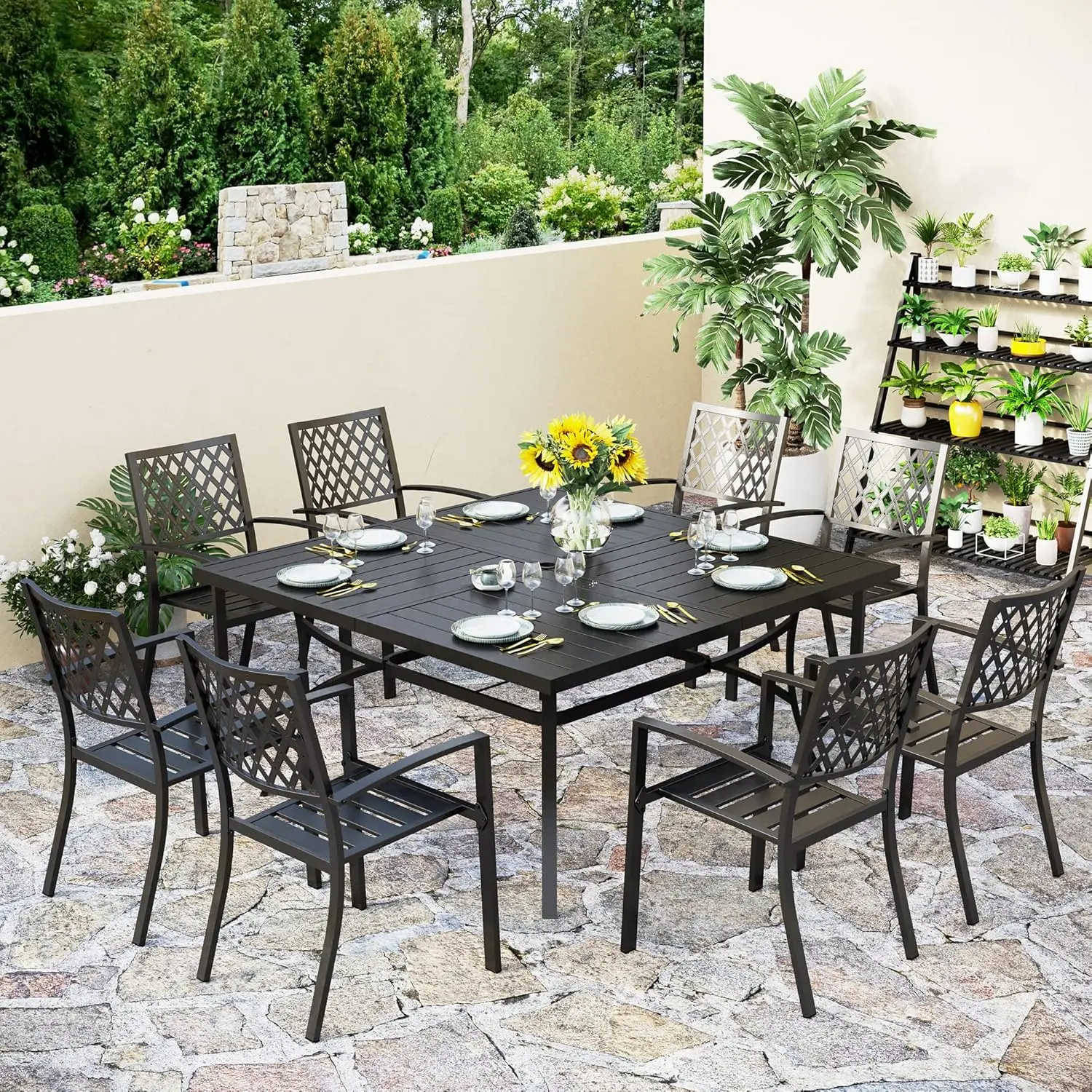 9 Piece Patio Dining Set, Metal Outdoor 60'' Square Table Furniture Set with 6 Backyard Armrest Stackable Chairs