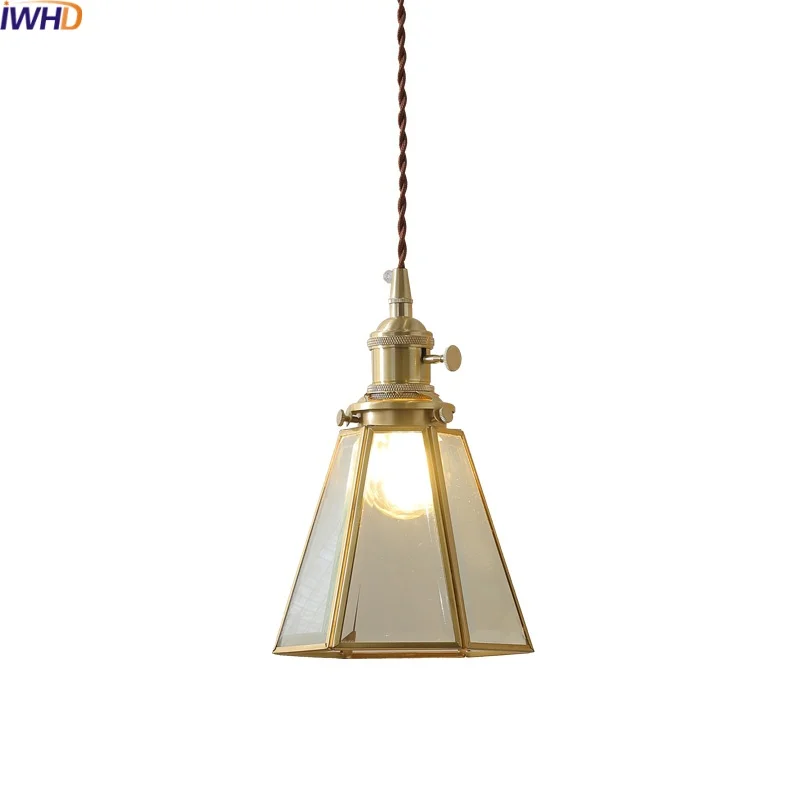 

IWHD Knob Switch LED Hanging Light Fixtures Bar Dining Living Room Glass Copper Modern Pendant Lamp Home Decor Hanglampen