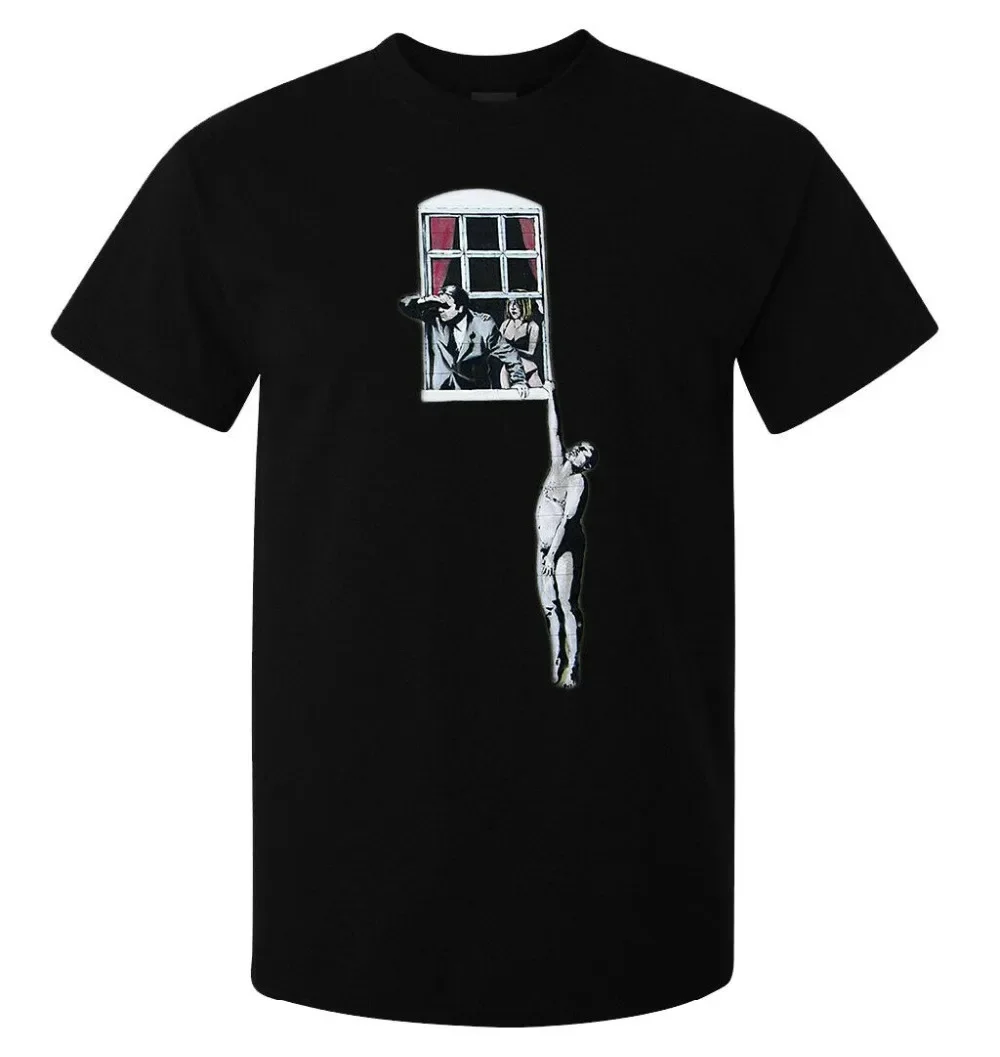 Banksy Street Art Window Hanging Lover Men'St Shirt Discount 100 % Cotton for Men'S Shirts Homme Novelty Hip Hop Street T-Shirt