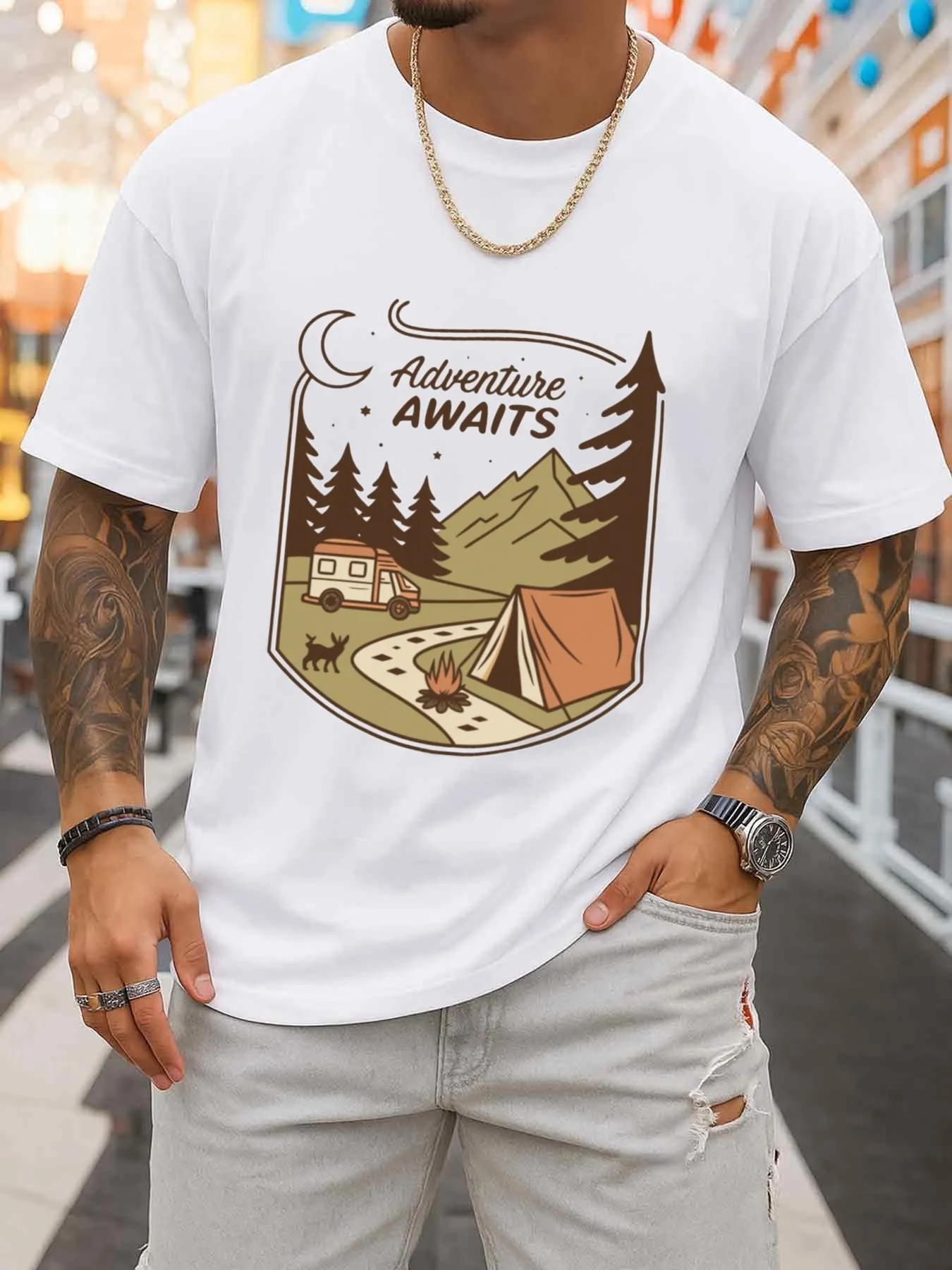 Adventure Awaits Camping T-Shirt Men's White T-Shirt, Limited Edition, Fun All-Season Fitness Top, Stylish Sporty Look, Durable Sportswear, Hip-Hop Street Style, Round Neck, Regular Fit, Short Sleeve, Casual Style