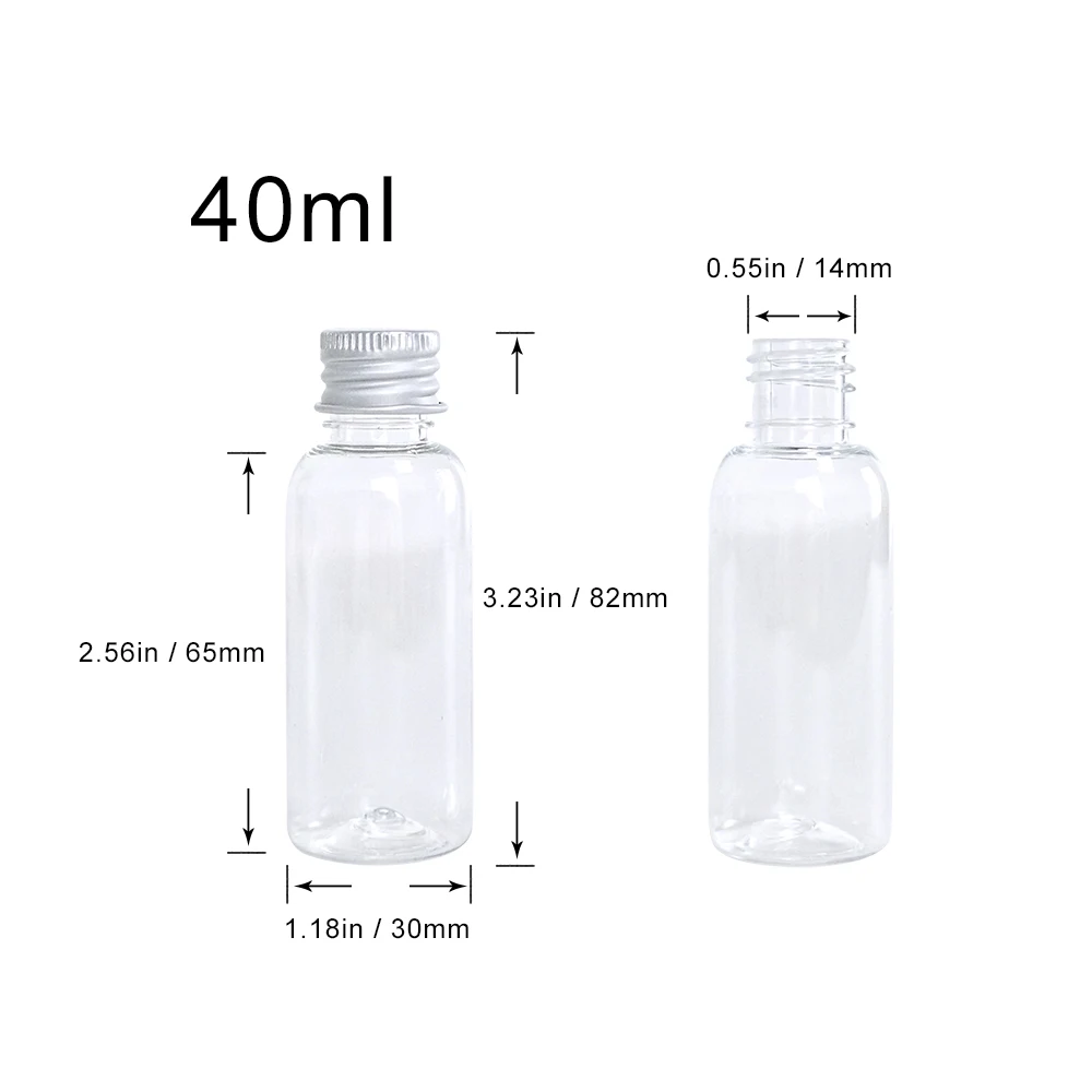 40ml Clear Plastic Bottle With Aluminium Screw Cap Tiny Jars Cosmetic Container Travel Kit Empty Refillable Jars Eco-Friendly