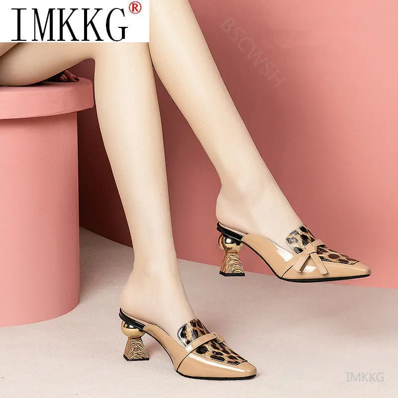 Women Leopard Print Mules Slippers Soft Leather High Heel Slippers Fashion Women Sexy Sandals Design Slides Zapatos De Mujer