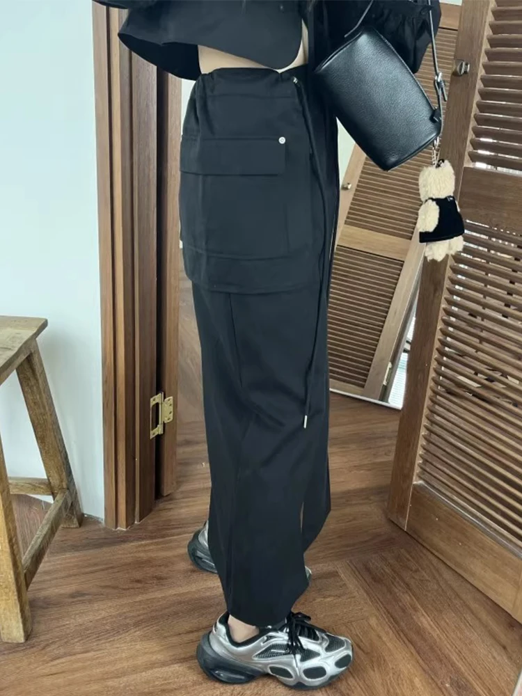 تنورة أنيقة عالية الخصر للعمل مع جيوب كبيرة ورباط جانبي للنساء، نمط كوري للارتداء اليومي