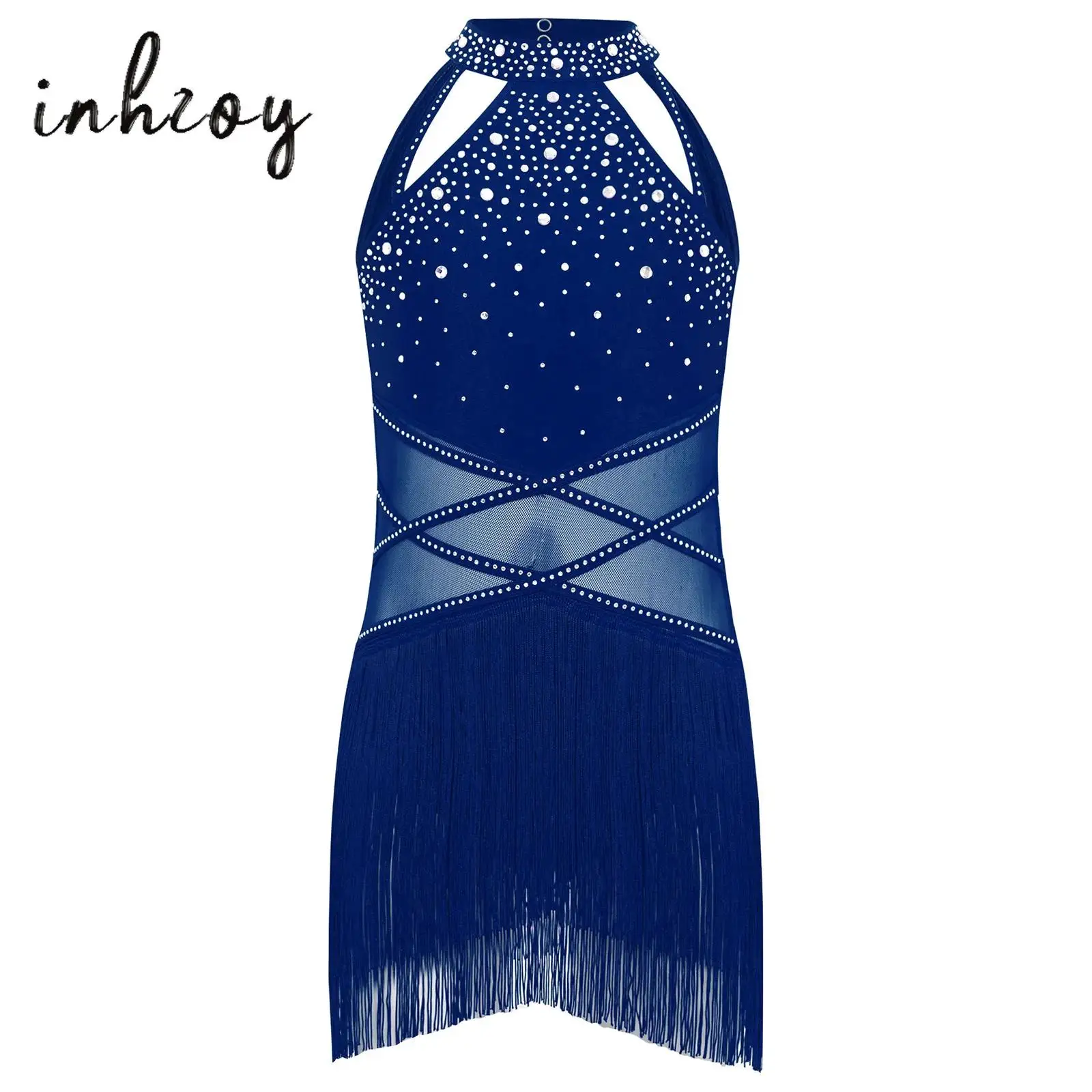 

Tassel Latin Jazz Dance Dress Kids Girls Sparkly Rhinestones Sheer Mesh Backless Skirt Dress Samba Cha-cha Performance Costume