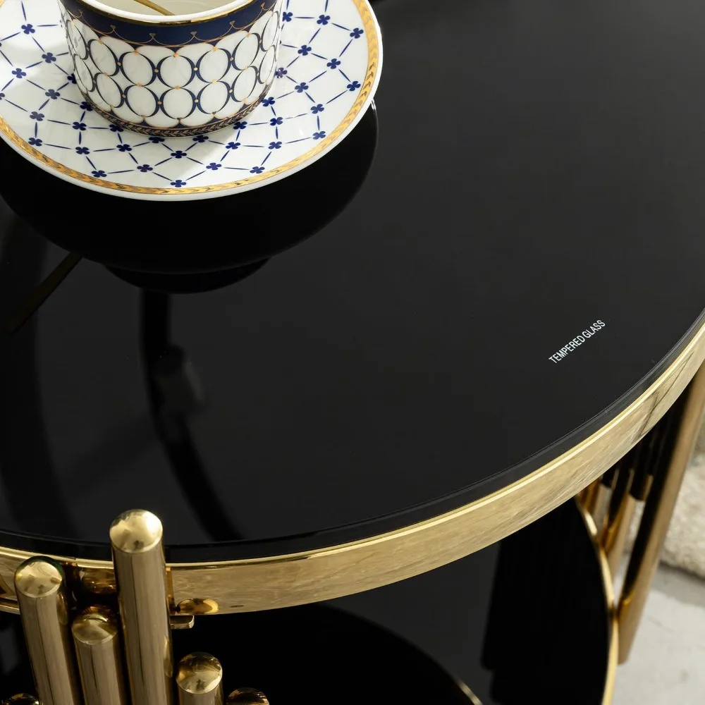 Luxury Modern 2 Tier Black Tempered Glass top Round Side Table with Gold Stainless Steel Frame, Elegant End Table for Living Roo