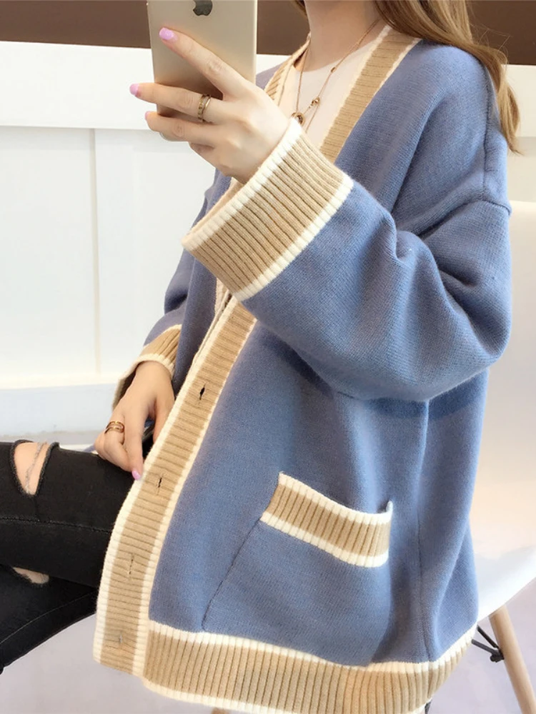 Women's Cardigan Knitted Cardigan Fashion Stripe Wool Sweater for Women Winter Long Sleeve V-neck Casual Knitwear Coats Female