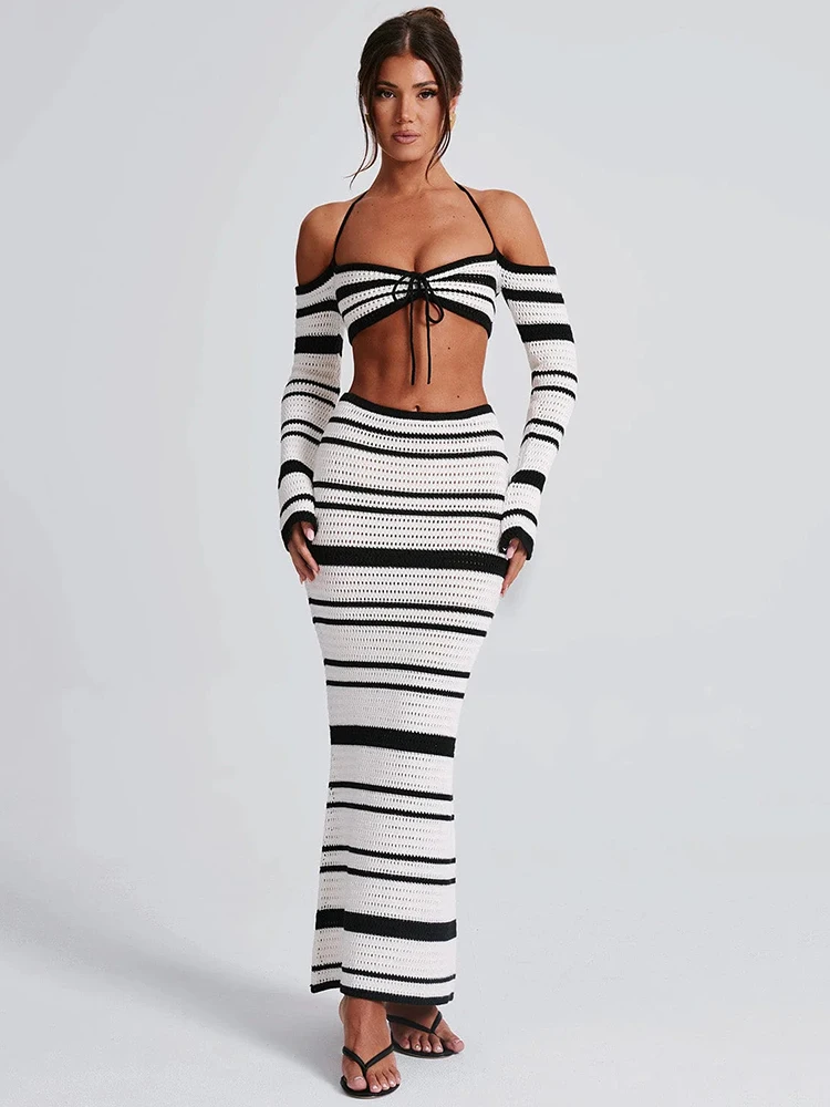 Mozision Striped Knit Skirt Two Piece Sets Women Strapless Long Sleeve Crop Tops And Maxi Skirt Sexy Two Piece Sets Knitwear