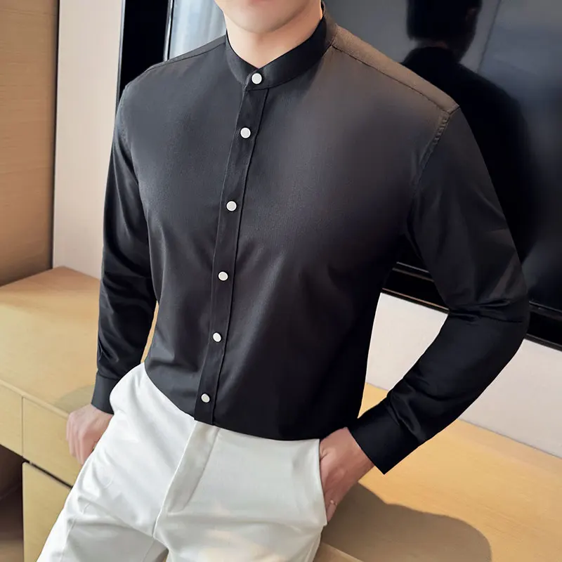 Chinese Style High-end Standing Collar Shirt Men's Long Sleeved Slim Shirt Casual Business Formal Dress Shirts Men Clothing 2024