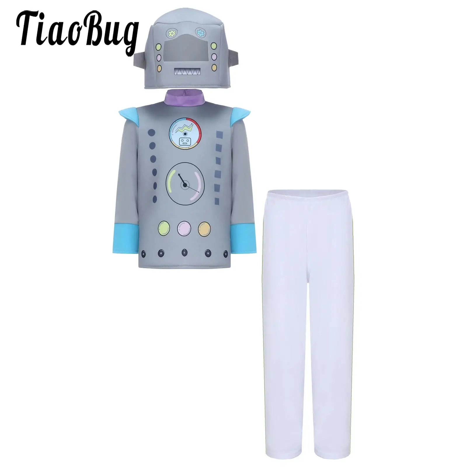 

Kids Silver Boys Bot Dress Up Halloween Costumes Cosplay Robot Costume Long Sleeve Top and Pants Robot Headgear Role Play Outfit