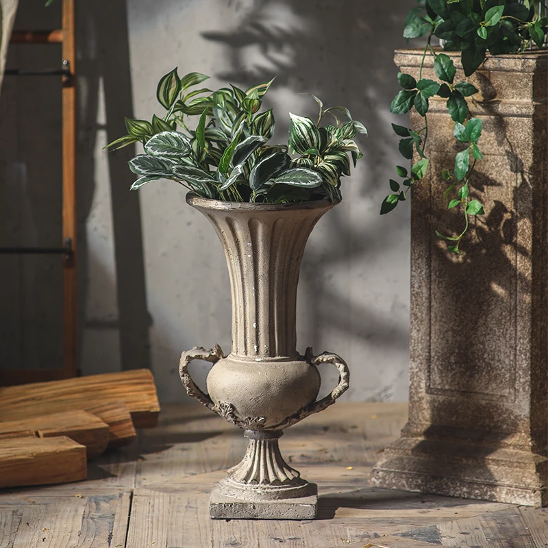 Tall Vintage Urn Planter, Decorative MgO Vase, Classic European Flower Pot, Antique Garden Ornament, 50cm, Double Handle