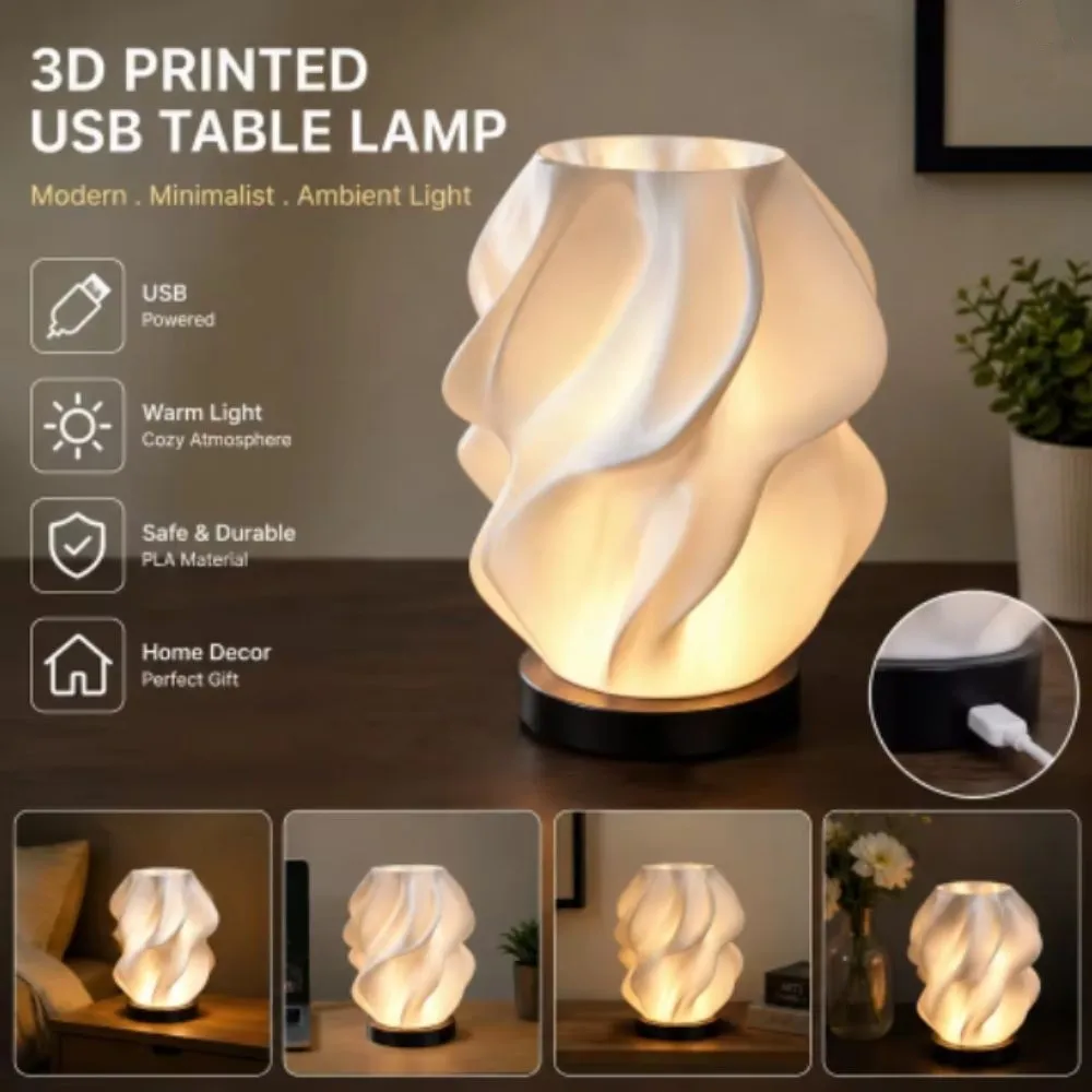 Art Starlight 3D Printed LED Floor Lamps USB 3 Color Changing Desk Lamp Minimalist Wave Shape Night Light Bedroom
