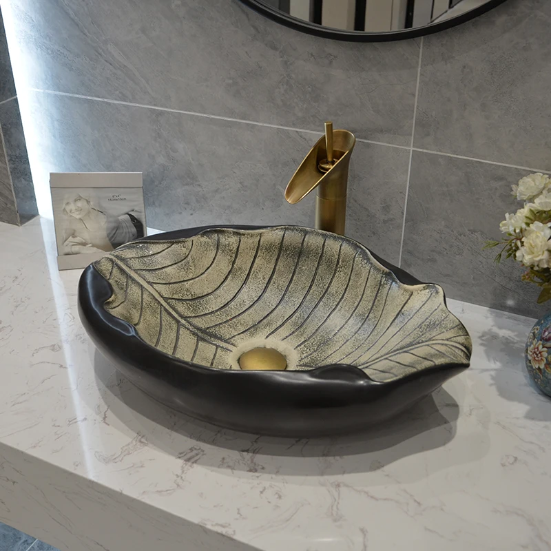 &y Aquarius Ceramic Art Modern Single Hole Countertop Sink Irregular Leaf Unique Outdoor Children's Basin