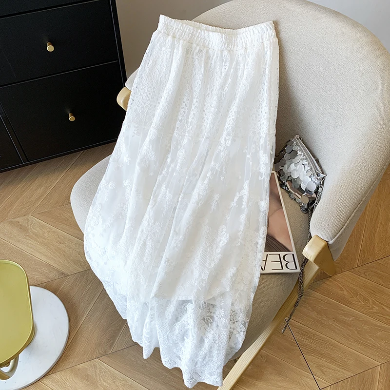Women's White A-line Lace Skirt Vintage 90s Aesthetic Y2k Long Skirt Harajuku Kawaii Skirts 2000s Cutecore Clothes Summer 2025