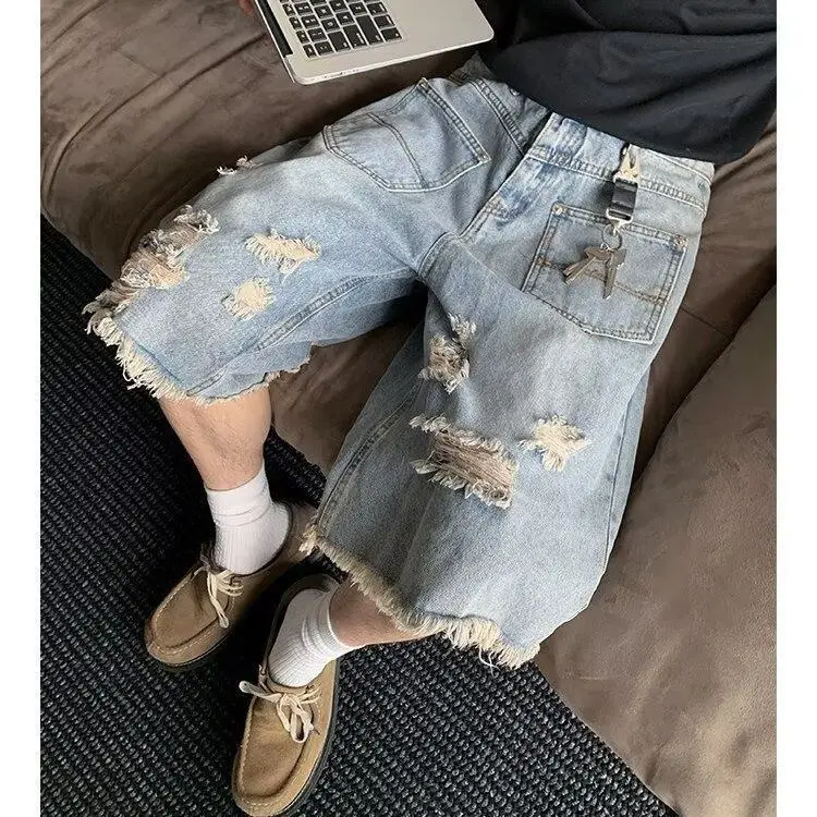 American Retro Washed Casual Five-point Ripped Rough Edge Jeans Shorts Men's Summer New Loose Shorts