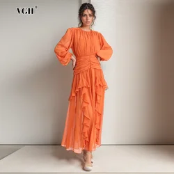 VGH Elegant Sheer Mesh Dresses For Women Round Neck Lantern Sleeve High Waist Folds Long Dress Female Summer Fashion Clothing