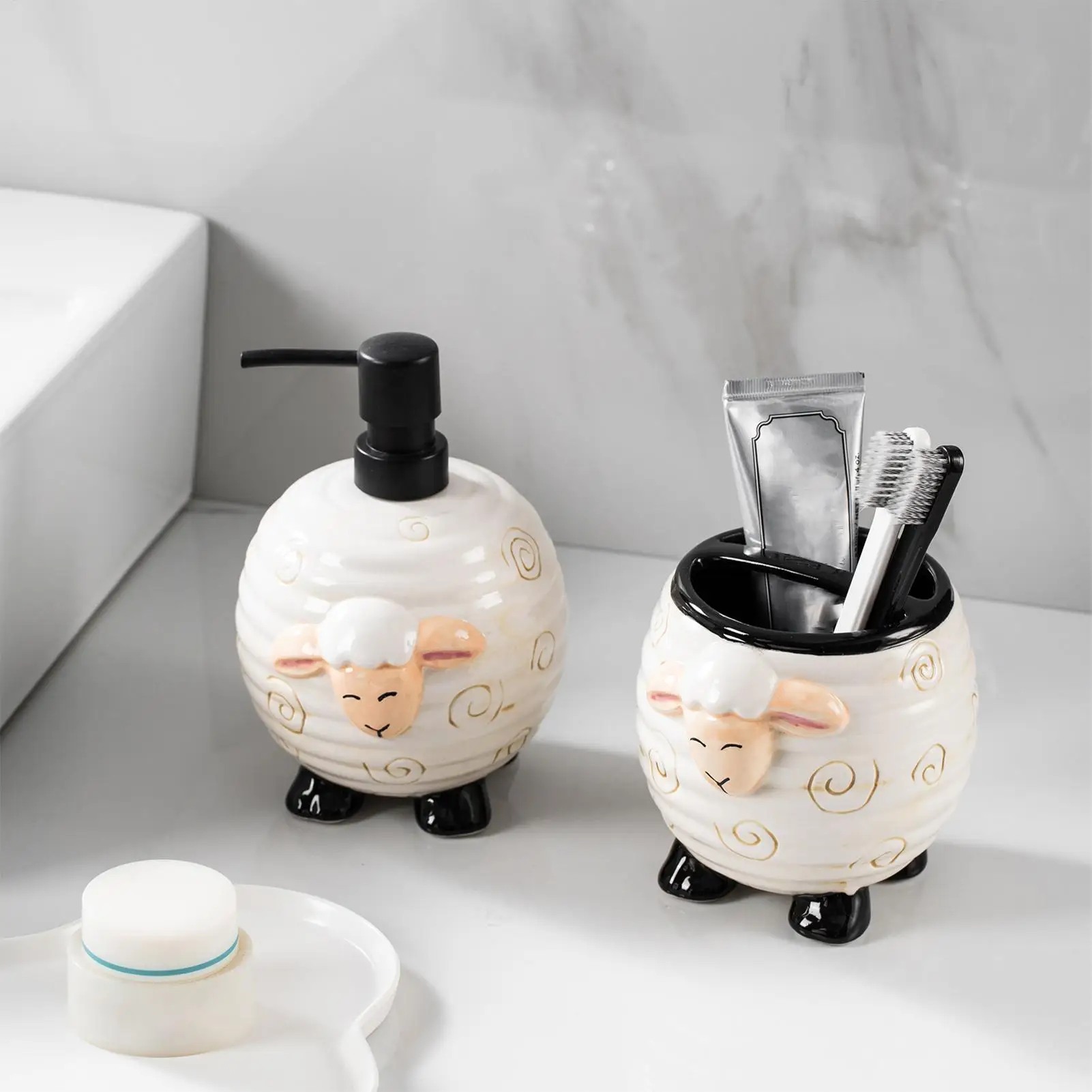 

Bathroom Accessories Set 2 Pieces Sheep Shape Dispenser Bathroom Organizer Holder for Hygiene Home Kitchen Organization Family