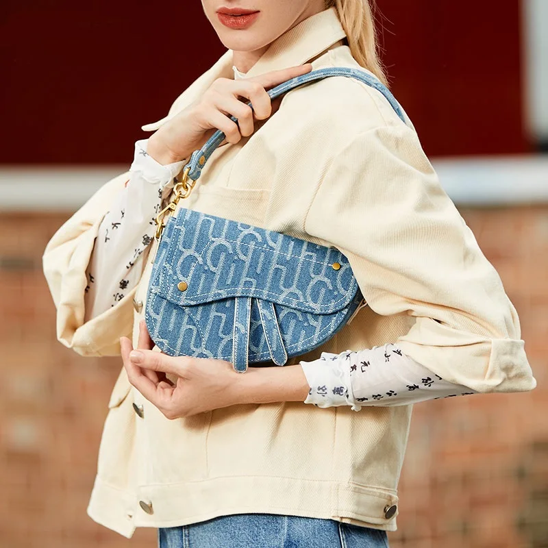 Small Design Jeans Bag Women's New Cross-Shoulder Bag Shoulder Canvas Bag Women's Vintage Denim Saddle Bag