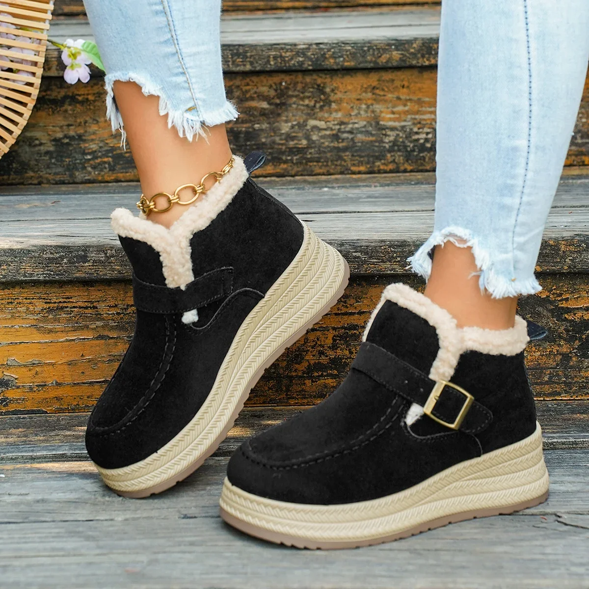 Winter Damen Einfarbige Vintage Bequeme Dicksohlige Keilabsatz-Schneestiefel Neue Damen Warme Lässige Modische Stiefel – Detail 3