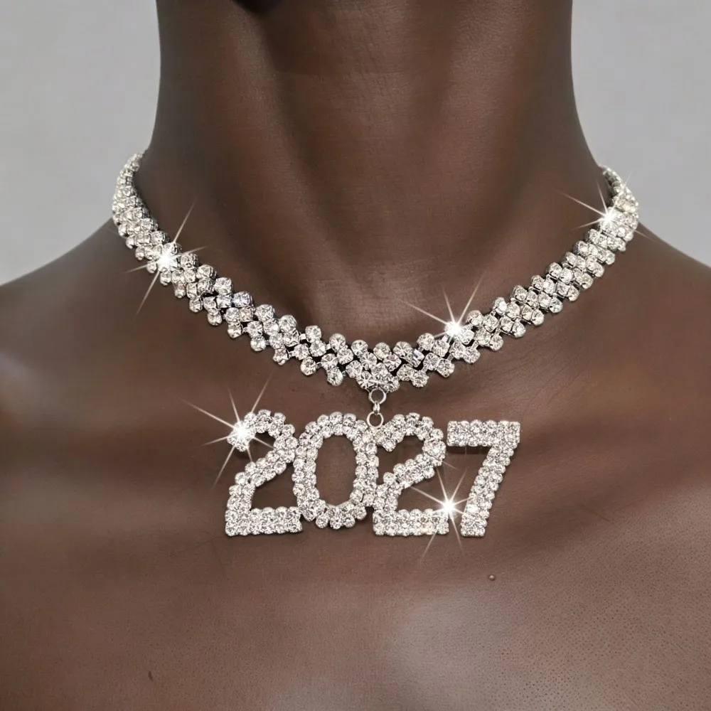 Elegant 2027 Digital Necklace Rhinestone Luxurious Happy New Year Necklace Shiny Number Pendant Collarbone Chain Choker Daily
