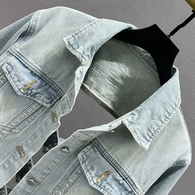 Veste en jean dos nu pour femme, veste courte évidée amincissante, printemps et été, nouveau, 2024