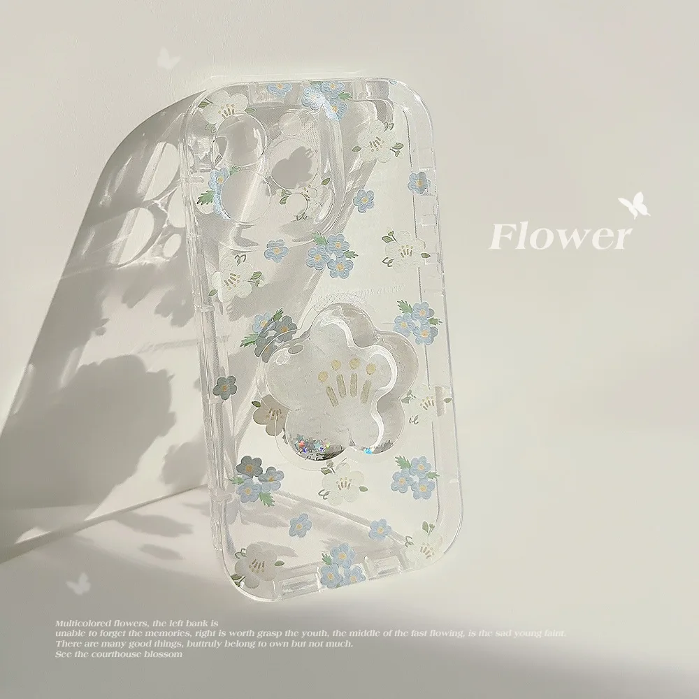 Koreanische Blume Quicksand Ständer Halter Telefon Fall Für iPhone 16 15 14 13 12 11 Pro Max 16 Plus Transparent stoßfest Soft Cover