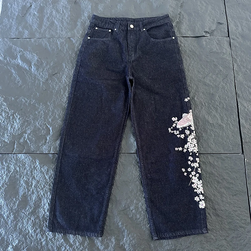신상품 DERSCHUTZE 남성 와이드 레그 진 빈티지 - Embroidery Jeans Sakura 리뷰 및 가격