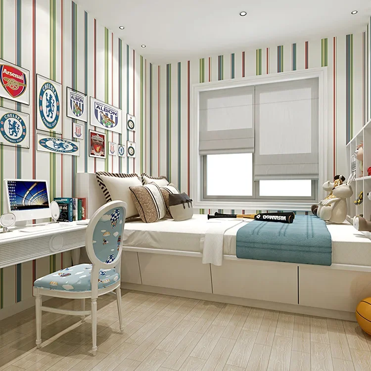 Mediterranean British Blue Color Vertical Stripes Wallpaper Modern Simple Living Room Bedroom Background Wall Children's Pure