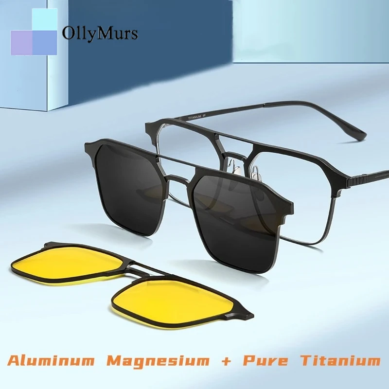 

OLLYMURS Retro Double Beam Pure Titanium Eyewear Magnetic Clip On Glasses Optical Prescription Eyeglasses Frame Men and Women